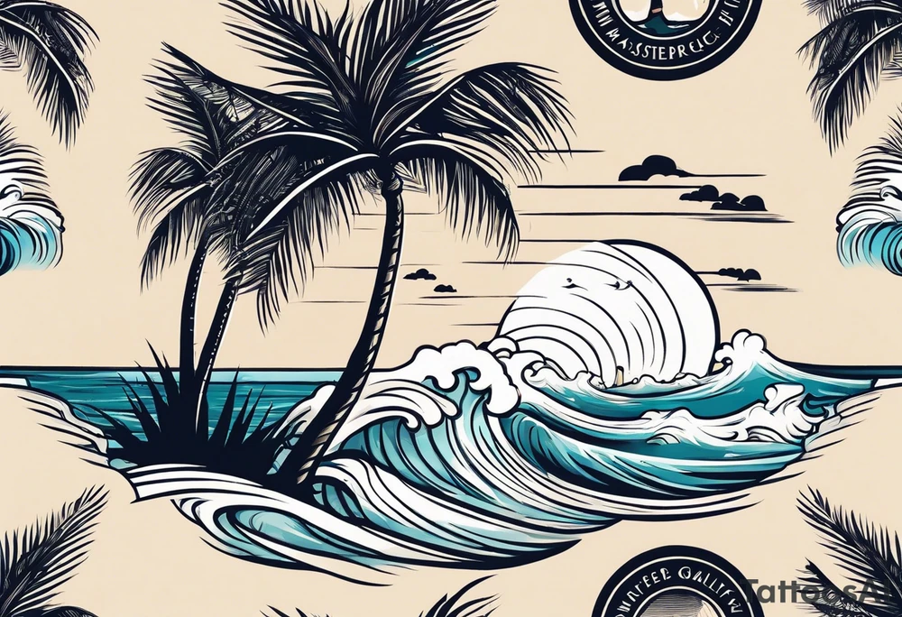 Retro design with coffee mug and ocean waves palm trees tattoo idea