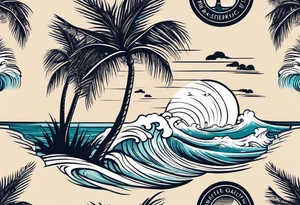 Retro design with coffee mug and ocean waves palm trees tattoo idea