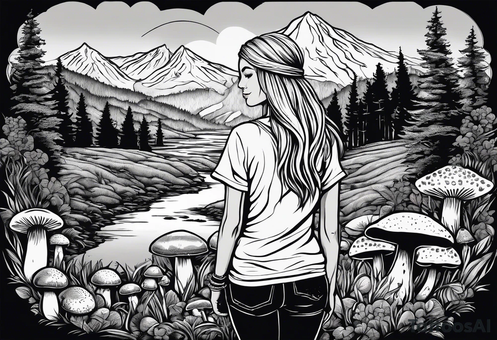Whole picture encircled fully

Straight long blonde hair hippie girl in distance holding mushrooms in hand facing away toward mountains and creek surrounded by mushrooms tee shirt and hiking pants; whole rendering within a full circle, no cut off circle tattoo idea