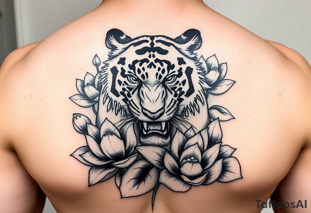fierce tiger emerging through blooming lotus flowers in mist tattoo idea