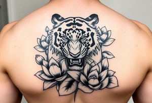 fierce tiger emerging through blooming lotus flowers in mist tattoo idea