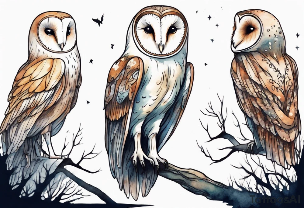 a tall creature with long legs and the head of a barn owl walking on a forest path at night tattoo idea