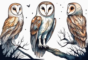 a tall creature with long legs and the head of a barn owl walking on a forest path at night tattoo idea