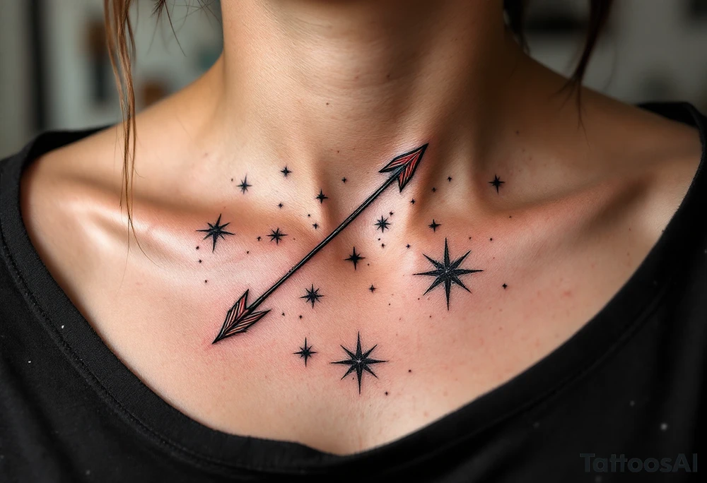 A fine-line Sagittarius star constellation tattoo with a bold red arrow shooting across the stars on the ribcage. tattoo idea