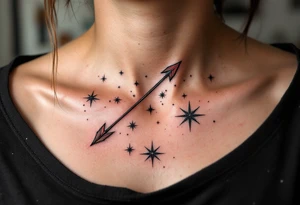 A fine-line Sagittarius star constellation tattoo with a bold red arrow shooting across the stars on the ribcage. tattoo idea