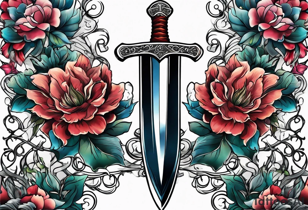 a sword with vines and flowers wrapped around it tattoo idea
