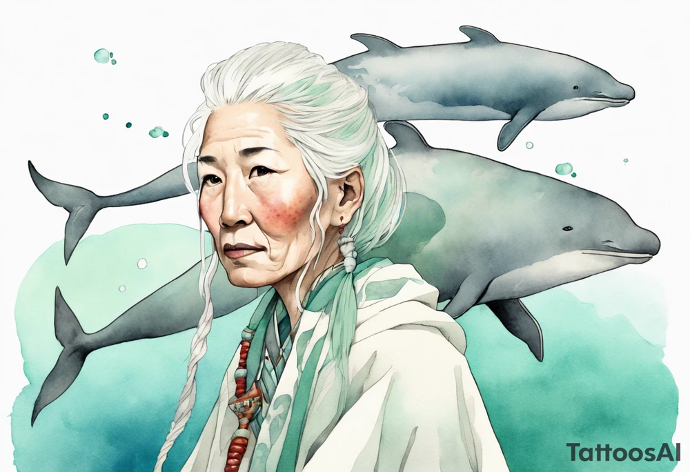 a 45-year-old Sami woman with white  hair wearing a white and mint cloak swimming with a narwhal tattoo idea