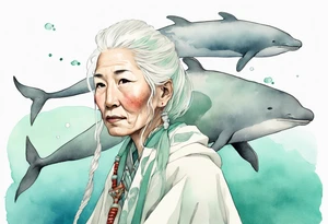 a 45-year-old Sami woman with white  hair wearing a white and mint cloak swimming with a narwhal tattoo idea