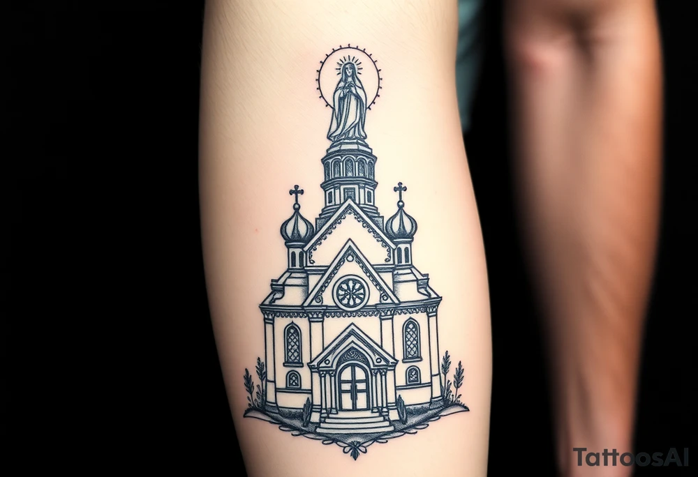 in a dorsal view a detailed orthodox church with a band at the front shrouded with a mist above and fading into a virgin mary overlooking above at the top tattoo idea