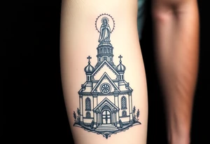 in a dorsal view a detailed orthodox church with a band at the front shrouded with a mist above and fading into a virgin mary overlooking above at the top tattoo idea
