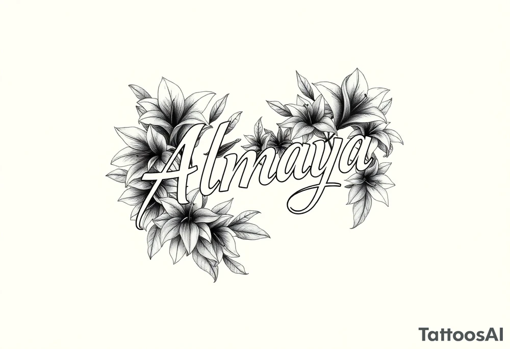 The name Almaya surrounded by Lilies. I want this on rib cage tattoo idea