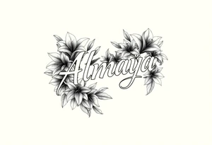 The name Almaya surrounded by Lilies. I want this on rib cage tattoo idea