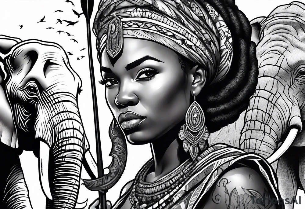 African woman warrior holding a spear with a mean look on her face with birds in the background and elephants tattoo idea