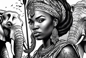 African woman warrior holding a spear with a mean look on her face with birds in the background and elephants tattoo idea