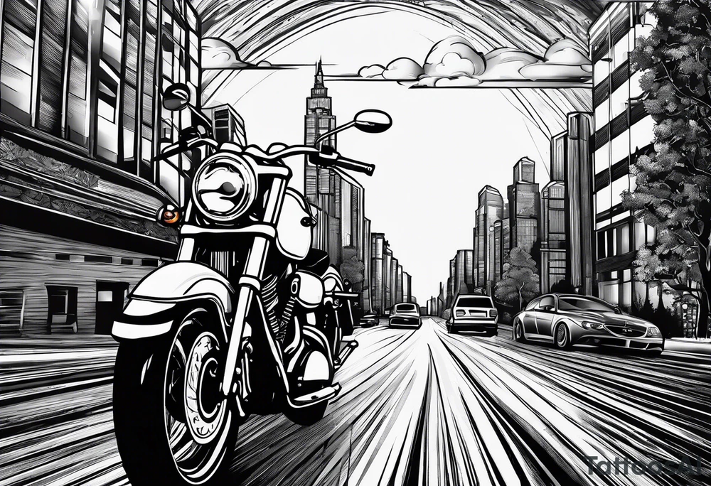 cards fanned over a city with a motorcycle on the road tattoo idea