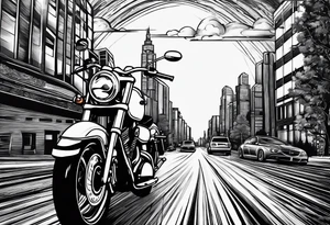 cards fanned over a city with a motorcycle on the road tattoo idea
