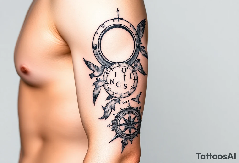 Uncharted 4 sleeve including the designs of the ring, decoder, birds, map, and compass with the words sic parvis magna. tattoo idea