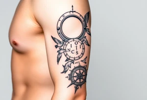 Uncharted 4 sleeve including the designs of the ring, decoder, birds, map, and compass with the words sic parvis magna. tattoo idea