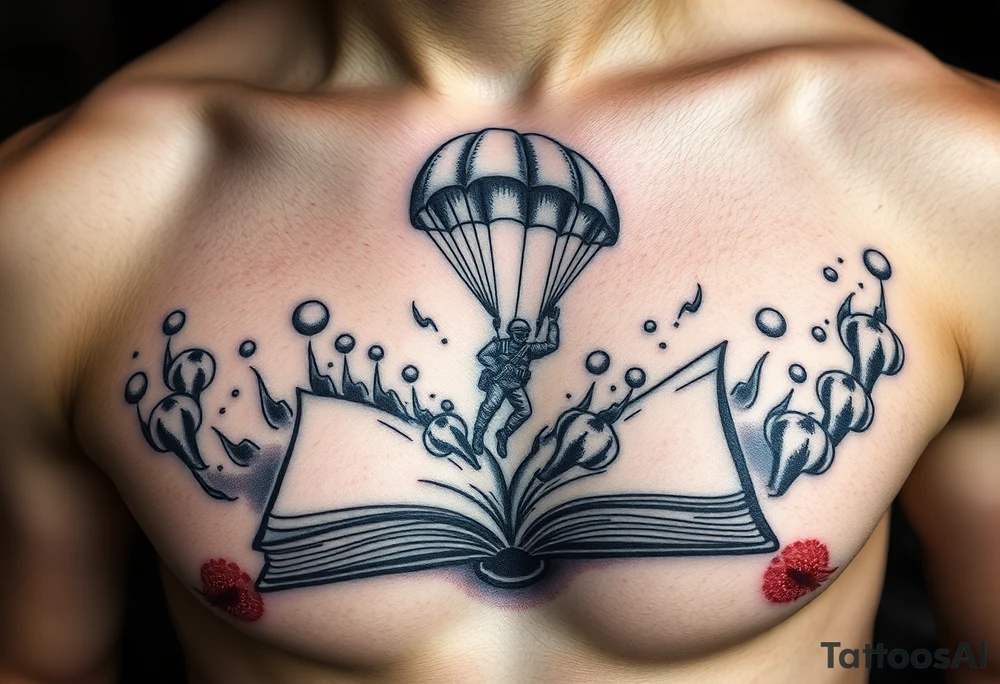 A parachuting soldier landing into an open book. Chaos surrounding, but the book is protecting the soldier from it. On the chest. Make the tattoo smaller. Make it thought provoking. Make the chaos in the environment be an eerie mist. Make the pages in the book be blank. Just one soldier, no other characters. the book is old. tattoo idea