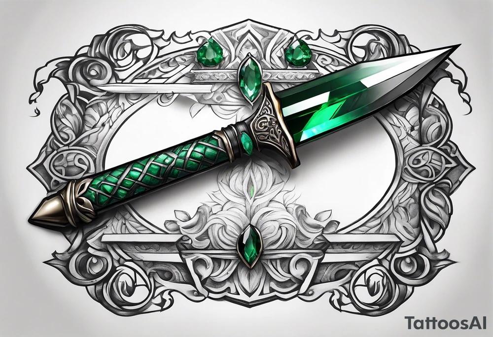 An athame dagger with the hilt turned upward and an emerald gemstone on the hilt tattoo idea