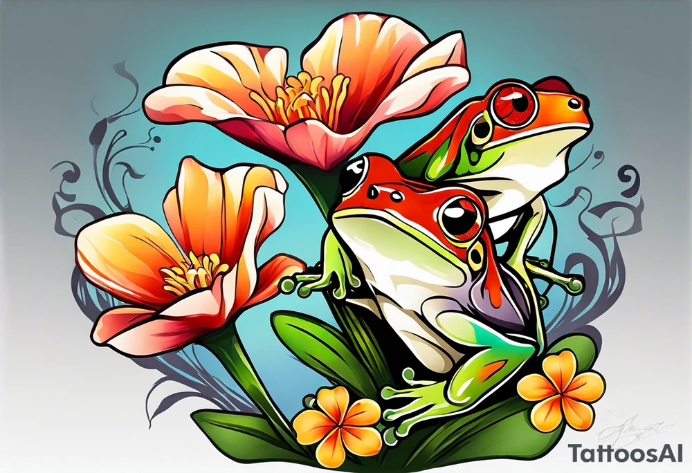 2 Red-eye tree frogs one big and one small sitting on on flower with a stem tattoo idea