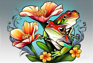 2 Red-eye tree frogs one big and one small sitting on on flower with a stem tattoo idea