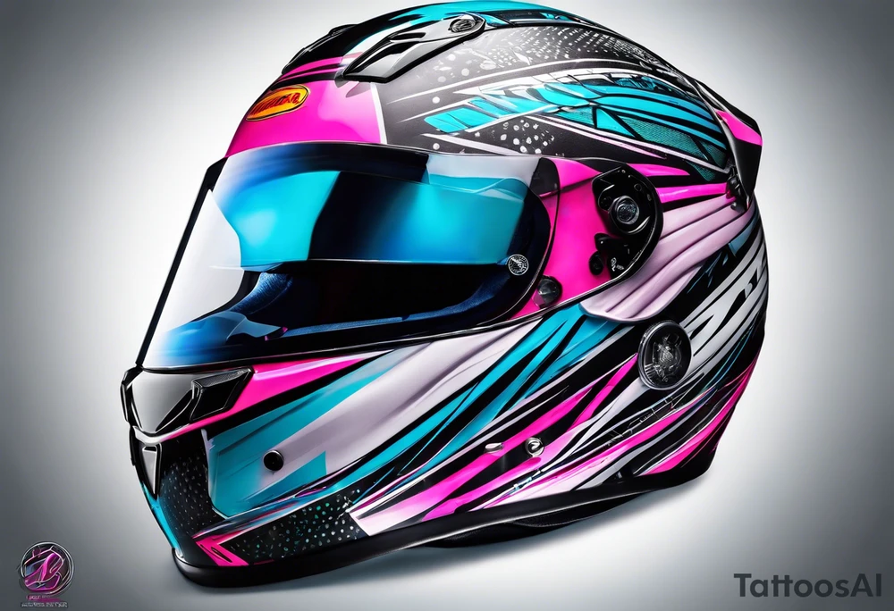 formula 1 helment with a palm three and black light blue and pink colors tattoo idea