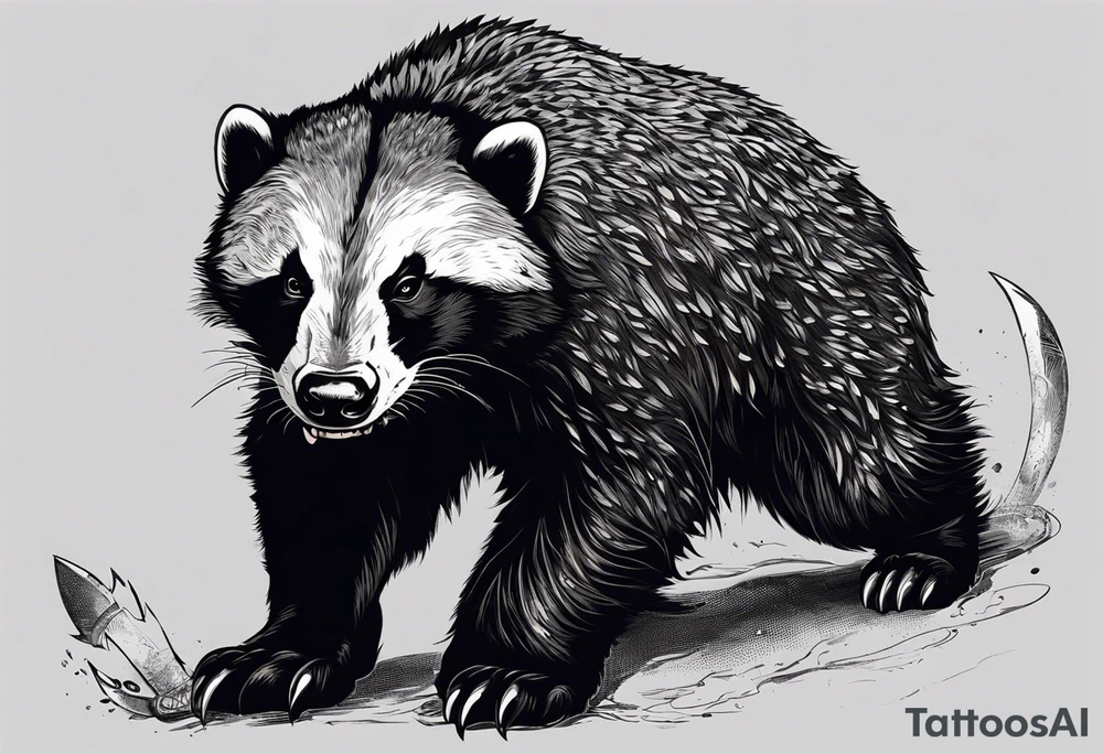 Draw me psychopath Fearless Honey Badger/Berserker with aggressive full body, killer face with a scary smile, very long nails and he attacks like a Bloody Assassin/Warrior/Gladiator to us and also, he has very deadly looking. He fights with his nails only. Everybody scares after their first sight. Give me horror type Badger Tattoo. I want to see his Realistic full body with no weapons. You can show destruction at the back. tattoo idea