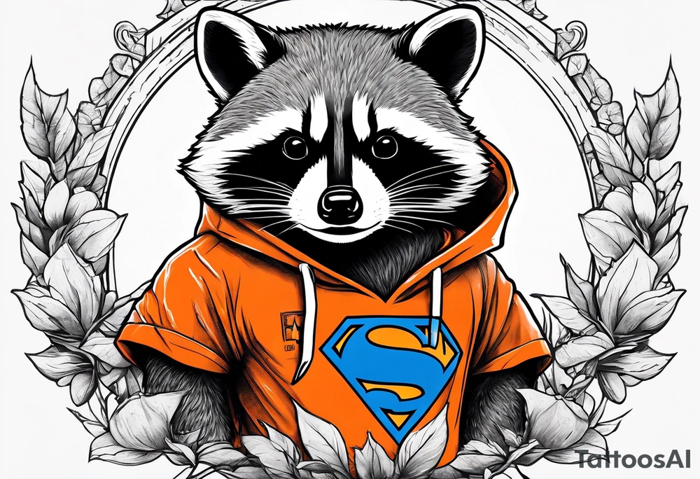 Raccoon wearing an orange Superman hoodie tattoo idea