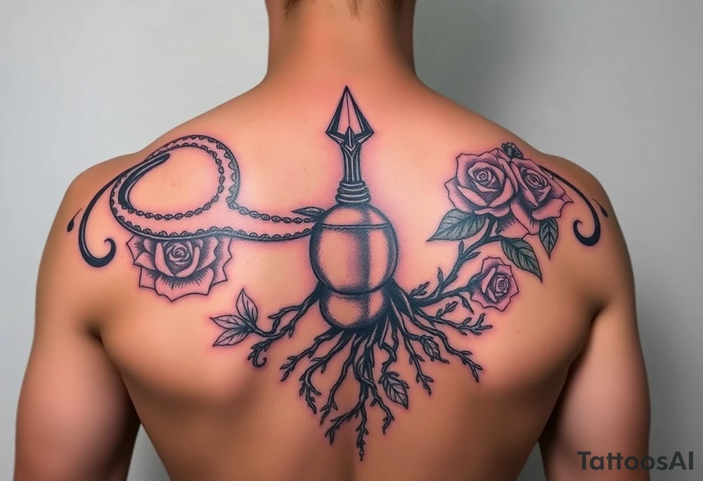 Gods hand, squid, knight with roses and tree roots rolling dice tattoo idea