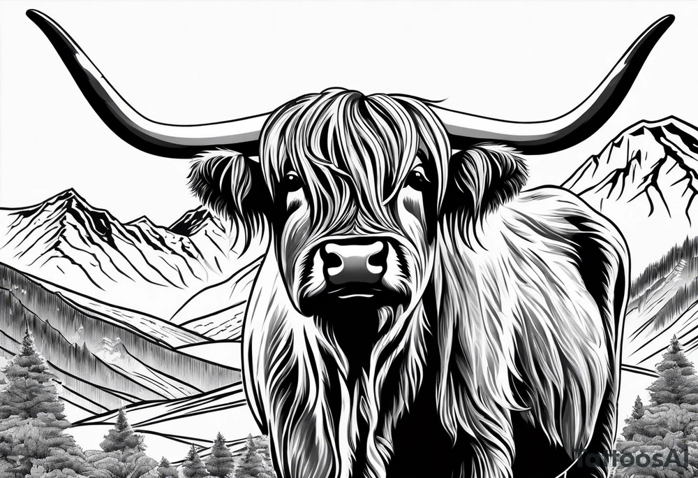 Highland cow with mountains tattoo idea