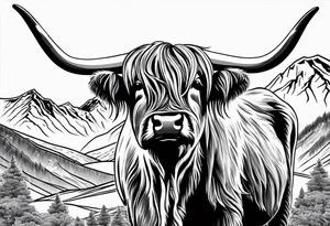 Highland cow with mountains tattoo idea