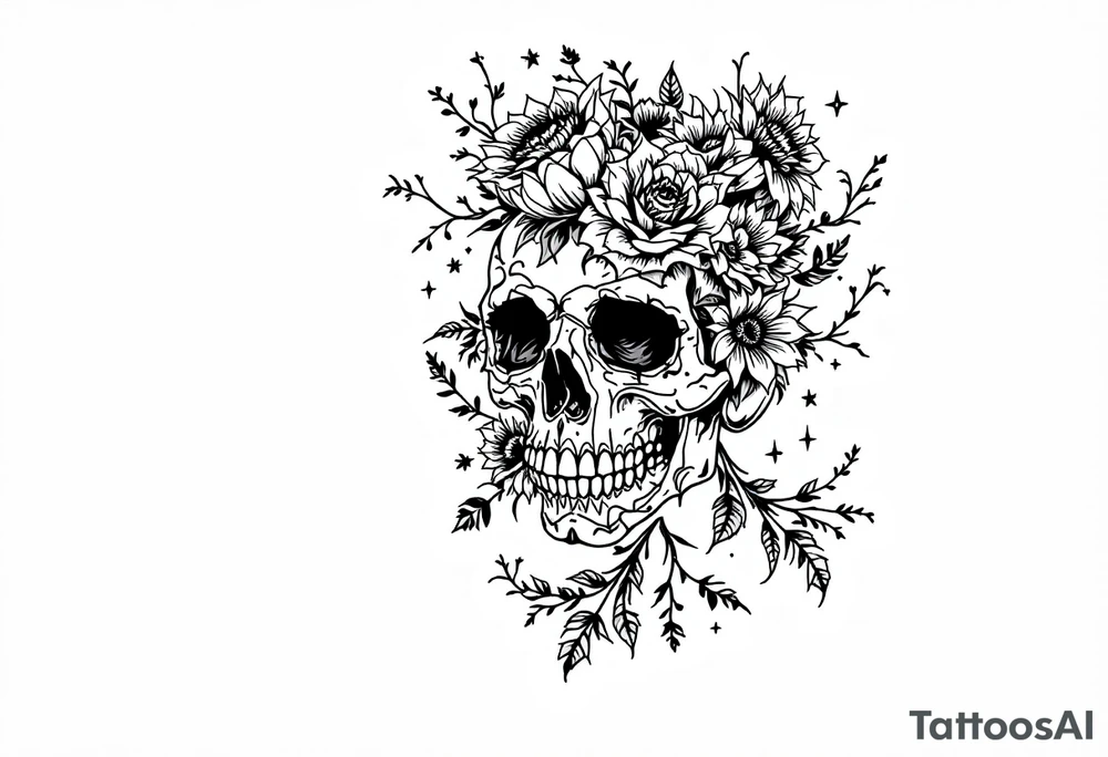 ornate skull adorned with wild roses and sunflowers tattoo idea
