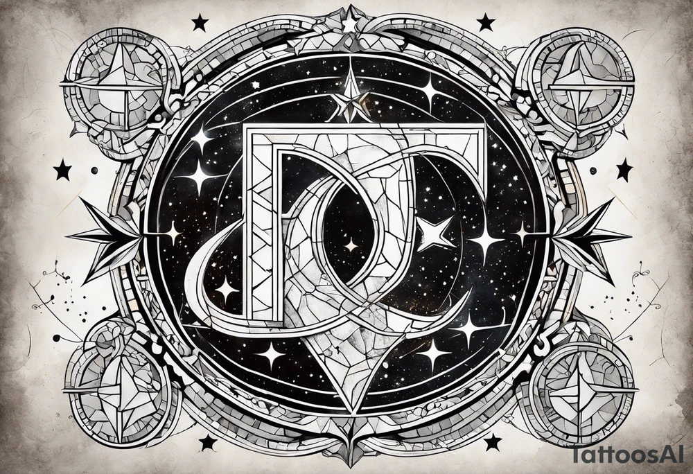 Matter, energy, space and time with an old stone theta symbol with stars in the background and Scorpio constellation tattoo idea