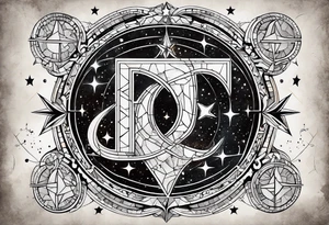 Matter, energy, space and time with an old stone theta symbol with stars in the background and Scorpio constellation tattoo idea