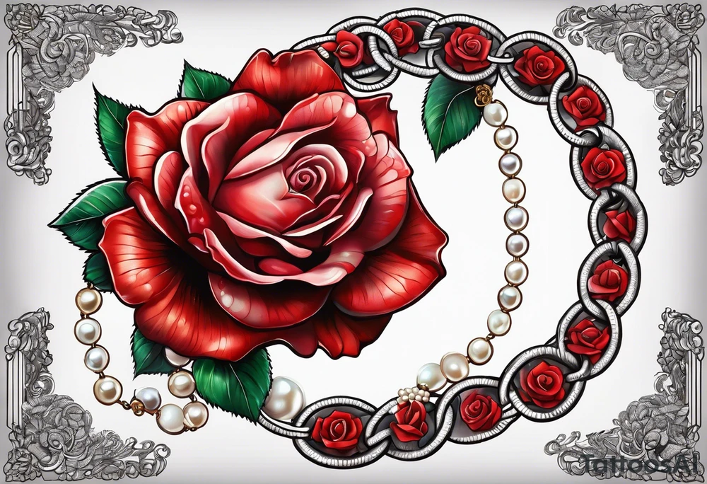Red rose with a chain made of pearls and a seashell tattoo idea