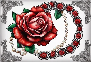 Red rose with a chain made of pearls and a seashell tattoo idea
