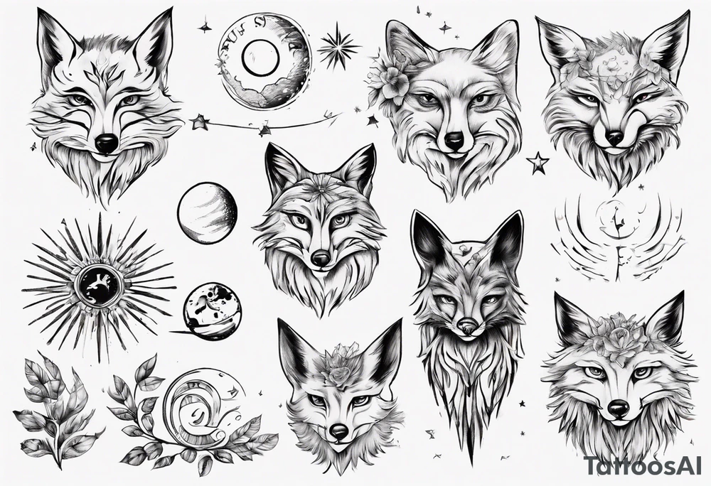 Fuchs mit Eulenflügeln unter der Sonne mit dem Schriftzug Sapere Aude tattoo idea