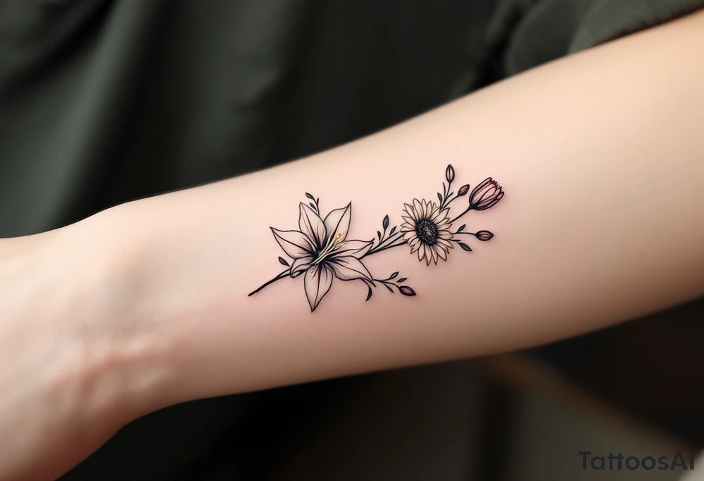 Dainty Stargazer lillies with small sunflowers and tulip buds in a dainty wildflower bouquet with stems tattoo idea
