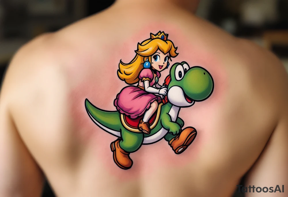 Princess Peach riding Yoshi from Mario Bros with vibrant colors. Make it more like the super Mario bros movie. Her dress should be poofier and covering her legs while he has red saddle with white trim. He should be walking upright. Make him look towards the camera tattoo idea