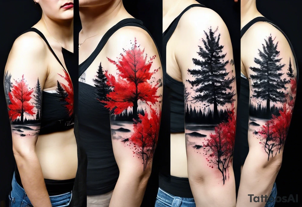 trash polka style. Arm tattoo. chest tattoo. Long tattoo. large tattoo. Full sleeve. Shoulder. A single large maple tree with red autumn leaves that branches upwards from wrist to shoulder. White-throated dipper bird on the trees branches. Calluna flowers at the base of the trees stem. Tree stem has dark colors. Red/yellow sunset behind the trees stem. Leaves falling. tattoo idea