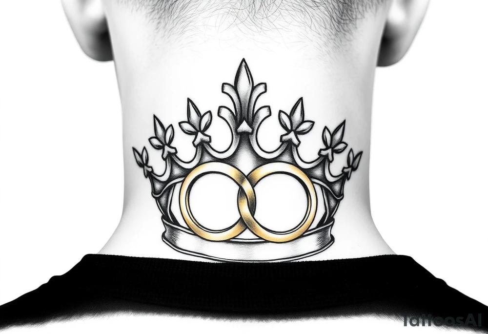 kings and queens crown with two golden wedding rings tattoo idea