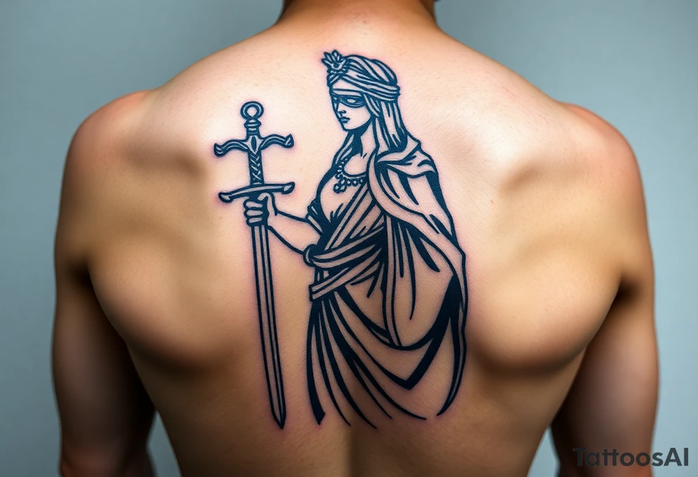 Lady Justice tattoo, holding sword at her side, roman robe, cape, powerful, with blindfold tattoo idea