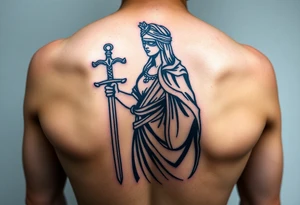 Lady Justice tattoo, holding sword at her side, roman robe, cape, powerful, with blindfold tattoo idea