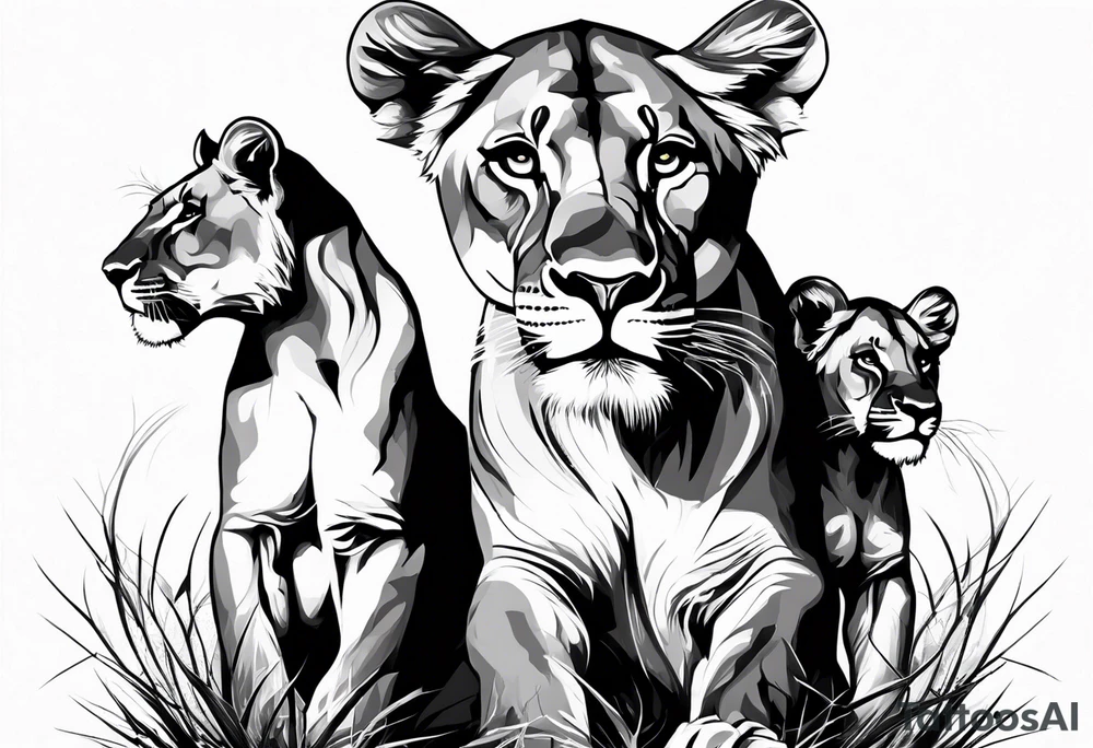 Lioness on her hind legs
protecting her two cubs tattoo idea Lioness on her hind legs
protecting her two cubs tattoo idea
