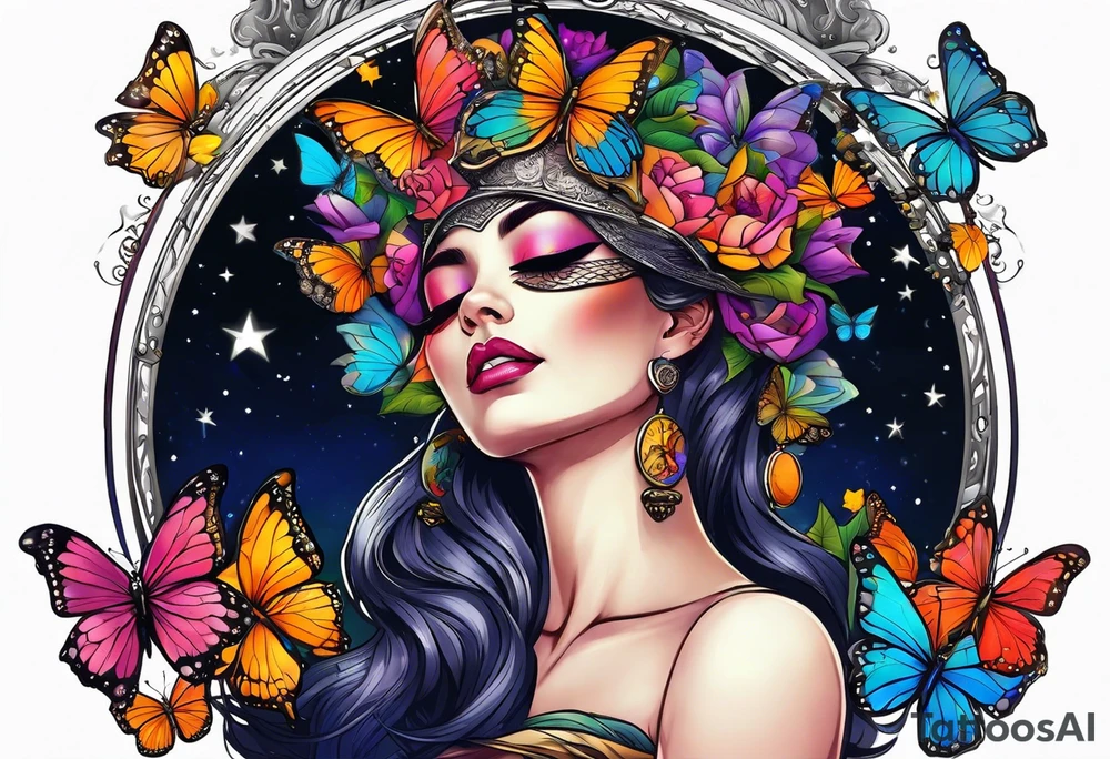 Beautiful woman blindfolded with butterflies in her hair, half encompassed by a half moon that she sits on, with the scales of justice hanging fr9m the half moon illuminated by bright colors, with the moon and stars and contemplations as a background tattoo idea