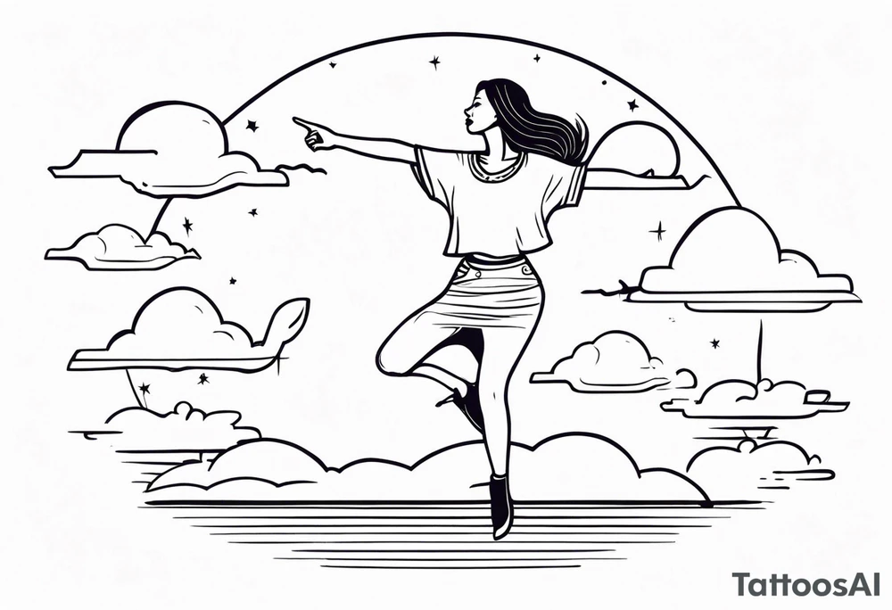 Silly. odd woman ugly dancing pointing her fingers up in the sky. tattoo idea