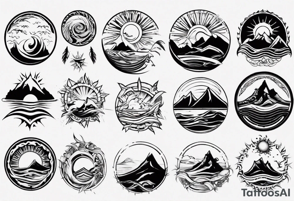 mountains, beach, waves, sun tattoo idea