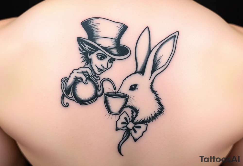 The mad hatter pouring a cup of 
tea into the white rabbits head tattoo idea