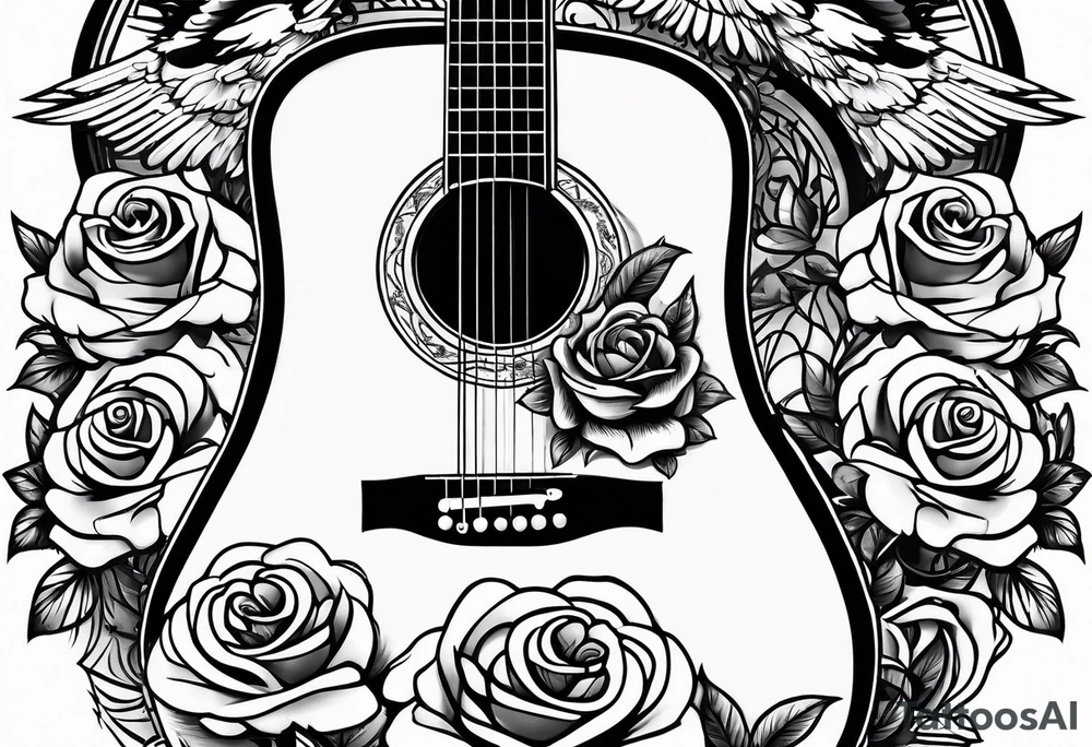 acoustic guitar with roses and eagles tattoo idea